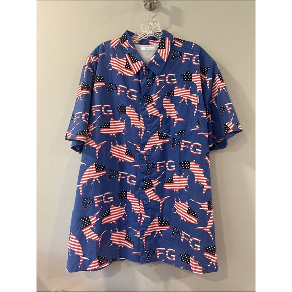 Columbia PFG Blue Fishing Vented Shirt Button Up Flag Fish 4th Of July Large L - Picture 1 of 6